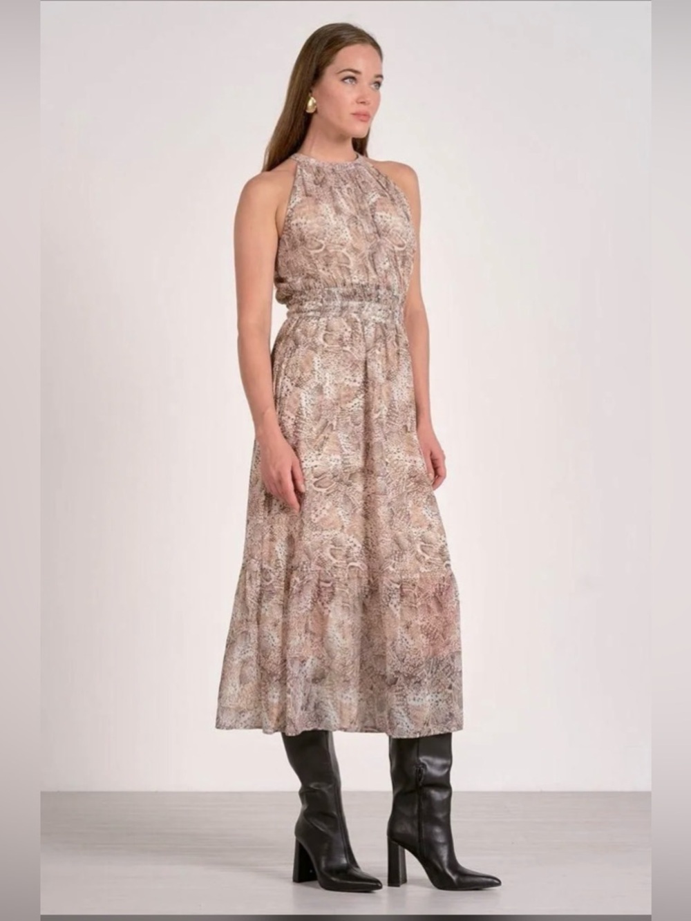 Elan Sleeveless Halter Maxi Dress in a "Natural
Snake" print. Size Large.